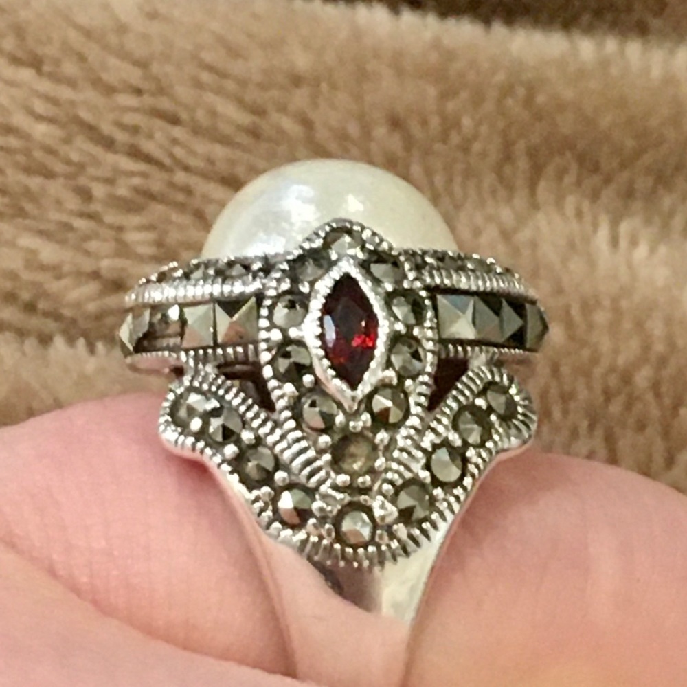 Vintage Garnet Marcasite Pearl Sterling Silver Ring Sz 8